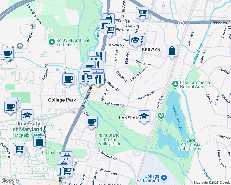 map of restaurants, bars, coffee shops, grocery stores, and more near 4813 Berwyn House Road in College Park