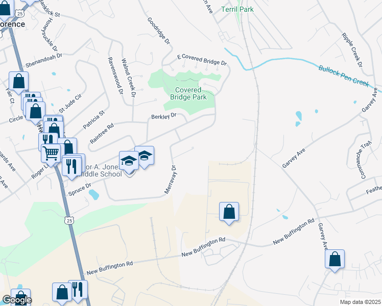 map of restaurants, bars, coffee shops, grocery stores, and more near 400 Merravay Drive in Florence