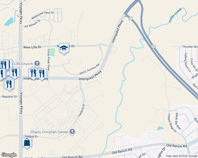 map of restaurants, bars, coffee shops, grocery stores, and more near 10945 Shade View in Colorado Springs