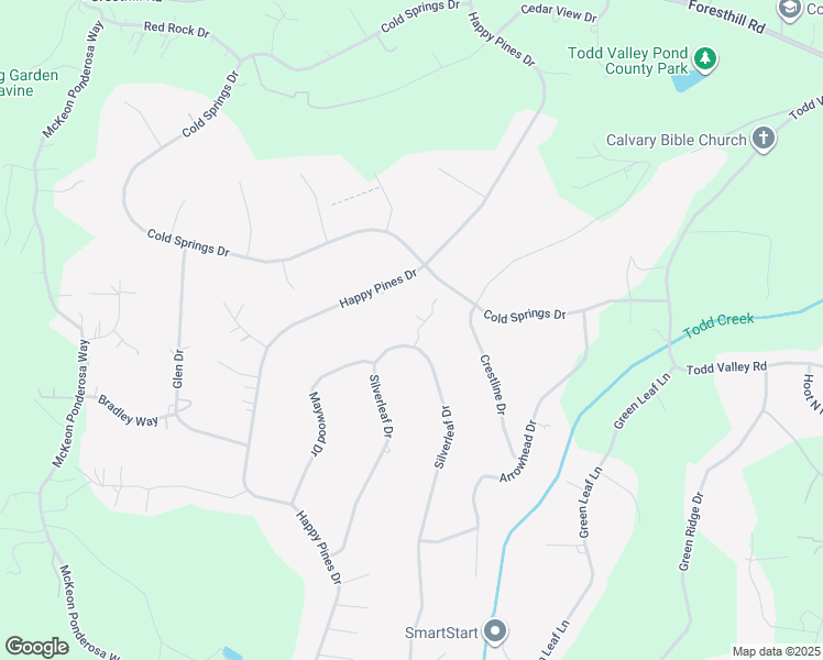 map of restaurants, bars, coffee shops, grocery stores, and more near 5833 Silverleaf Drive in Foresthill