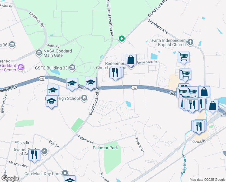 map of restaurants, bars, coffee shops, grocery stores, and more near 9885 Greenbelt Road in Lanham