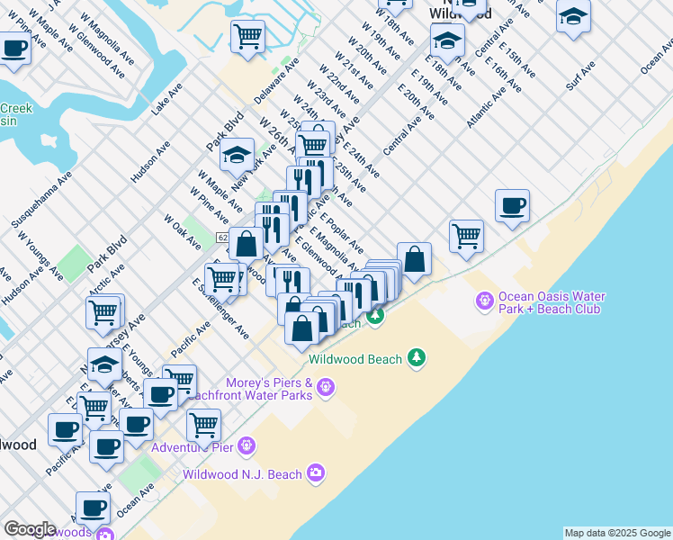 map of restaurants, bars, coffee shops, grocery stores, and more near 313 East Glenwood Avenue in Wildwood