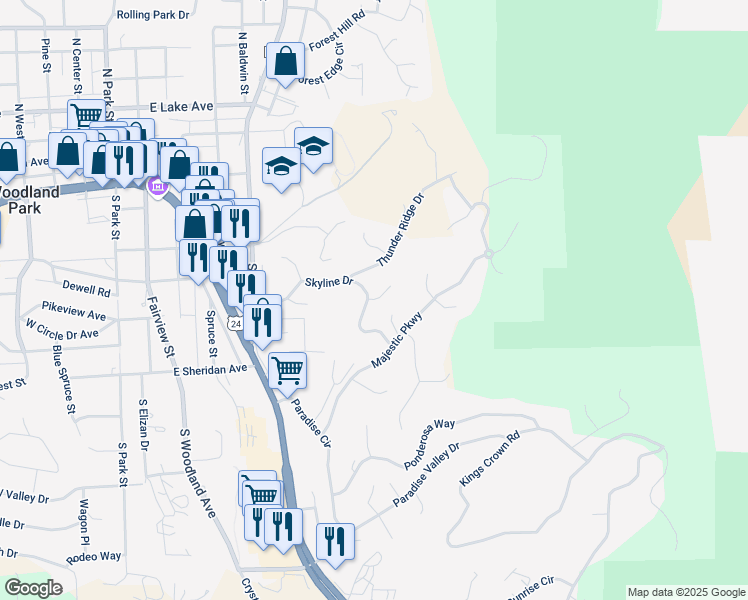 map of restaurants, bars, coffee shops, grocery stores, and more near 1005 Skyline Court in Woodland Park
