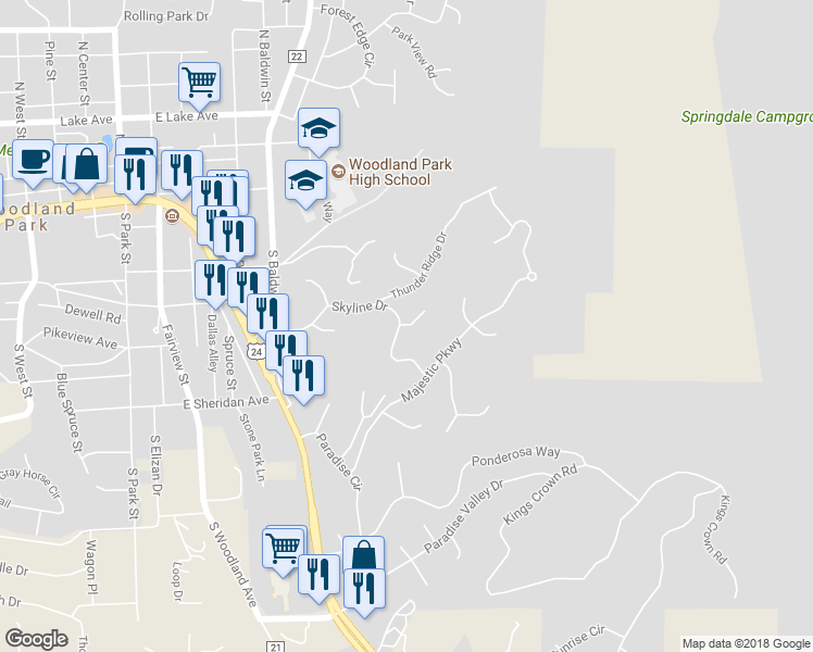 map of restaurants, bars, coffee shops, grocery stores, and more near 1005 Skyline Court in Woodland Park