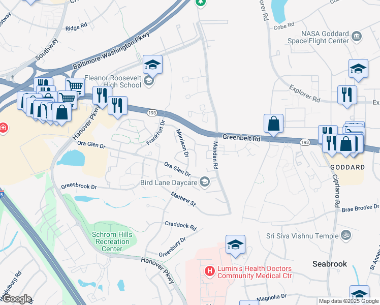 map of restaurants, bars, coffee shops, grocery stores, and more near 7311 Morrison Drive in Greenbelt