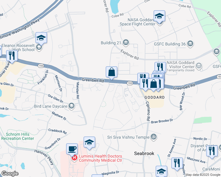 map of restaurants, bars, coffee shops, grocery stores, and more near 8409 Greenbelt Road in Greenbelt
