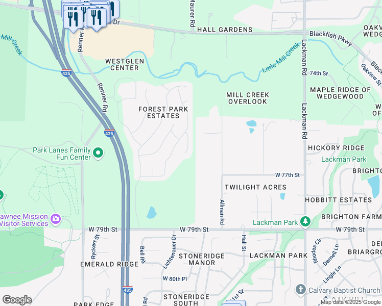 map of restaurants, bars, coffee shops, grocery stores, and more near 7607 Schweiger Street in Shawnee