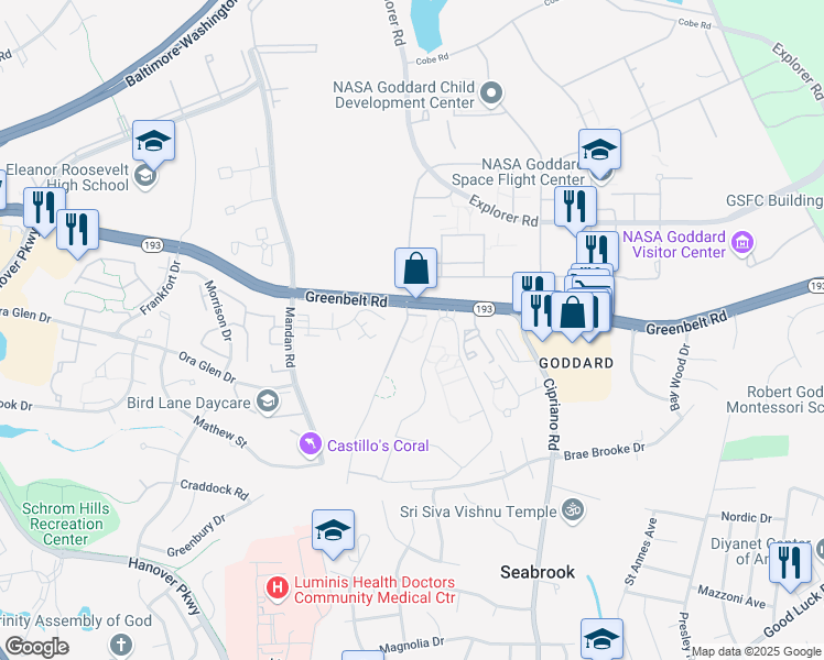 map of restaurants, bars, coffee shops, grocery stores, and more near 8409 Greenbelt Road in Greenbelt