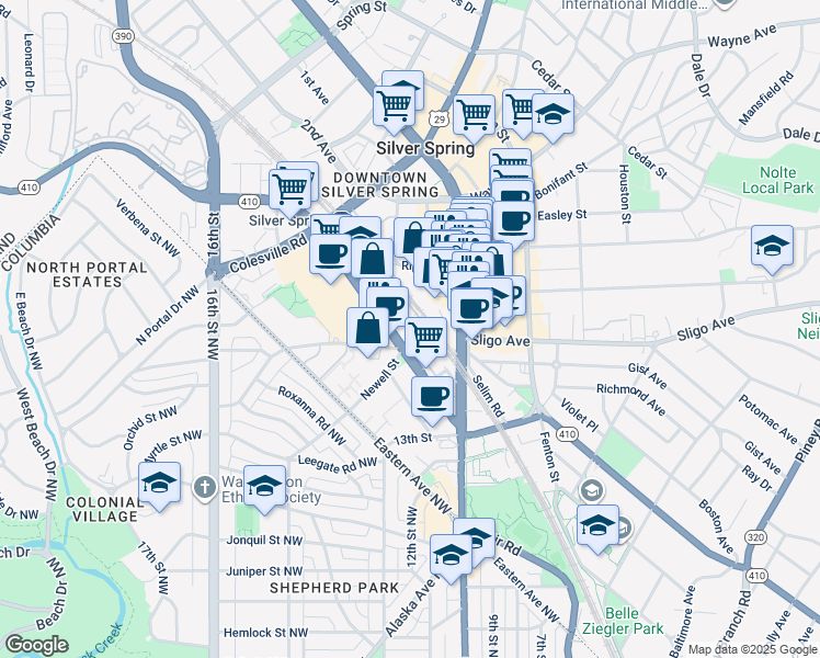 map of restaurants, bars, coffee shops, grocery stores, and more near 1201 East-West Highway in Silver Spring
