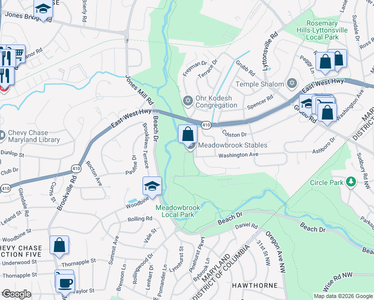 map of restaurants, bars, coffee shops, grocery stores, and more near 8200 Meadowbrook Lane in Chevy Chase