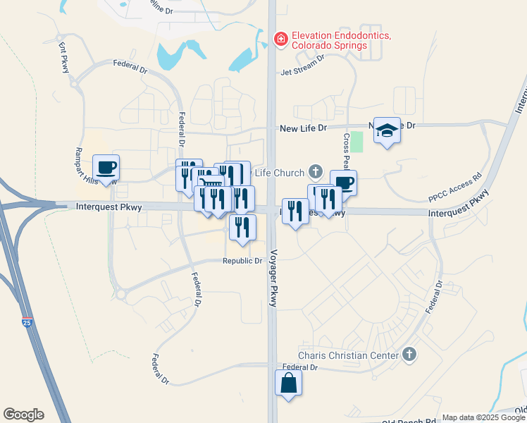 map of restaurants, bars, coffee shops, grocery stores, and more near Interquest Parkway in Colorado Springs