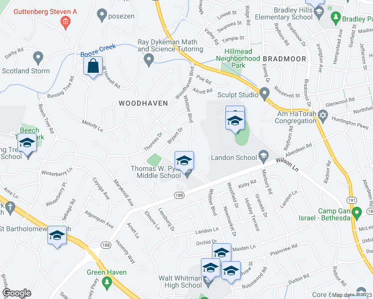 map of restaurants, bars, coffee shops, grocery stores, and more near 6401 Crane Terrace in Bethesda