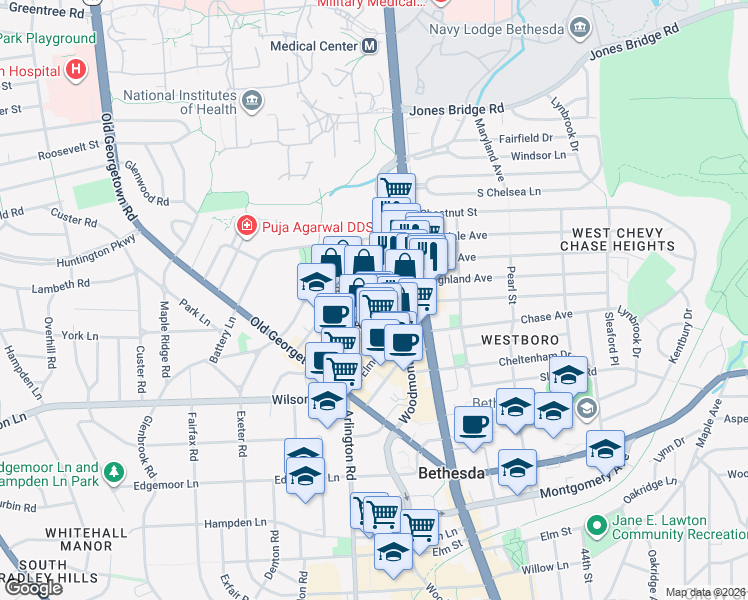 map of restaurants, bars, coffee shops, grocery stores, and more near 4835 Cordell Avenue in Bethesda