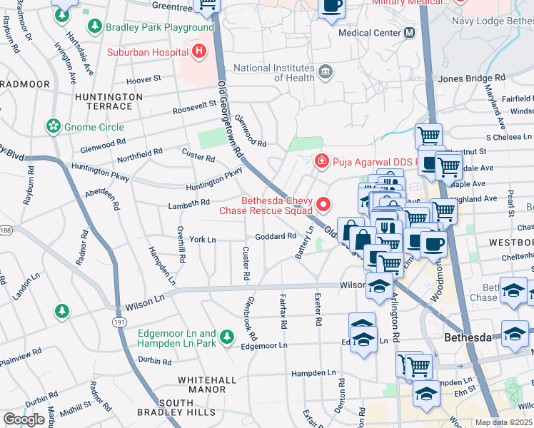 map of restaurants, bars, coffee shops, grocery stores, and more near 8013 Maple Ridge Road in Bethesda