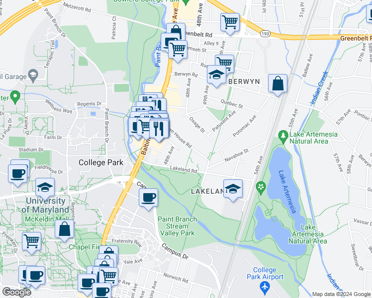 map of restaurants, bars, coffee shops, grocery stores, and more near 4813 Berwyn House Road in College Park