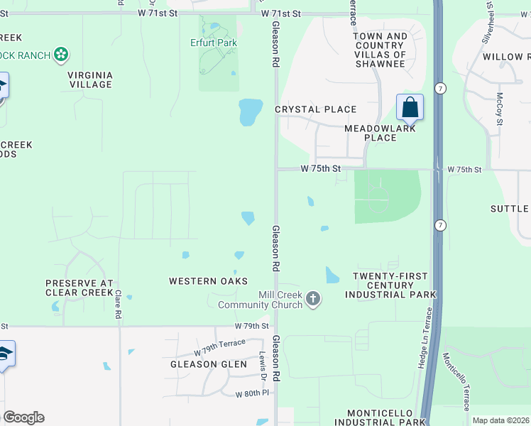 map of restaurants, bars, coffee shops, grocery stores, and more near 7600 Gleason Road in Shawnee