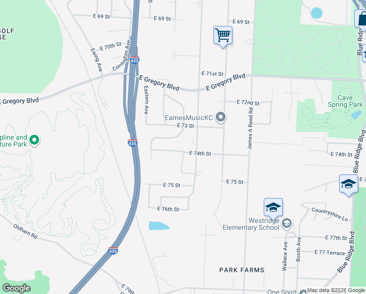 map of restaurants, bars, coffee shops, grocery stores, and more near 7613 East 73 Terrace in Kansas City