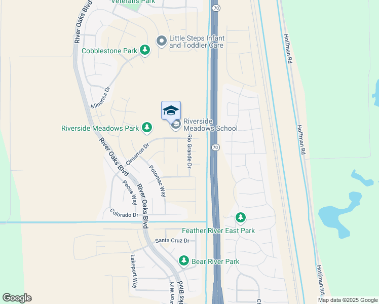 map of restaurants, bars, coffee shops, grocery stores, and more near Rio Grande Drive in Olivehurst