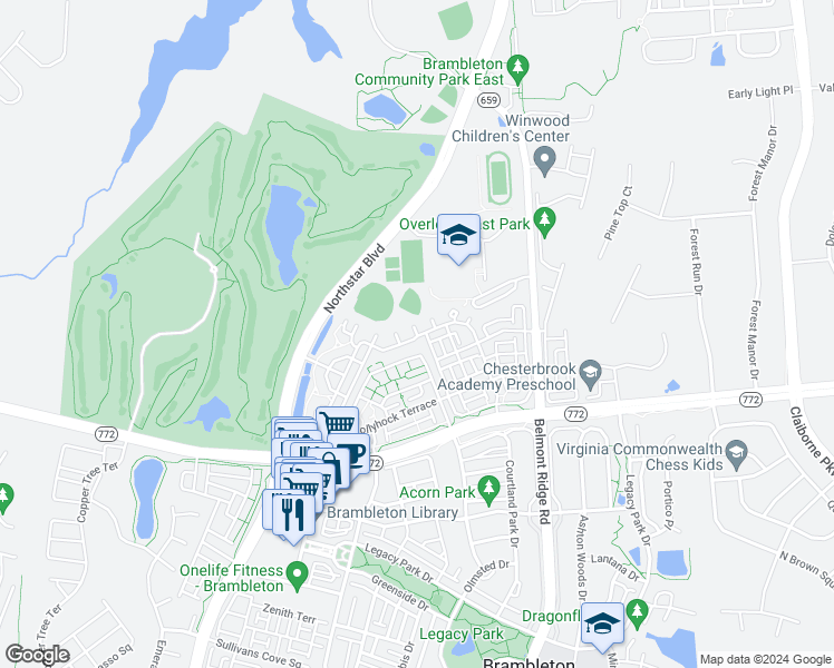map of restaurants, bars, coffee shops, grocery stores, and more near Twitter Square in Brambleton