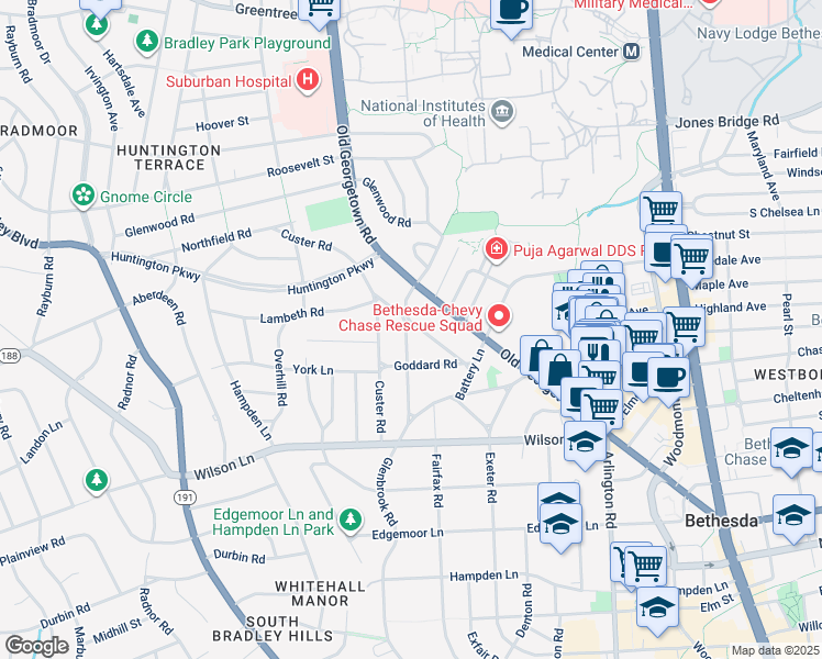 map of restaurants, bars, coffee shops, grocery stores, and more near 8013 Maple Ridge Road in Bethesda