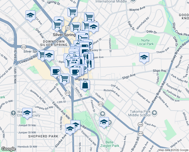 map of restaurants, bars, coffee shops, grocery stores, and more near 801 Sligo Avenue in Silver Spring
