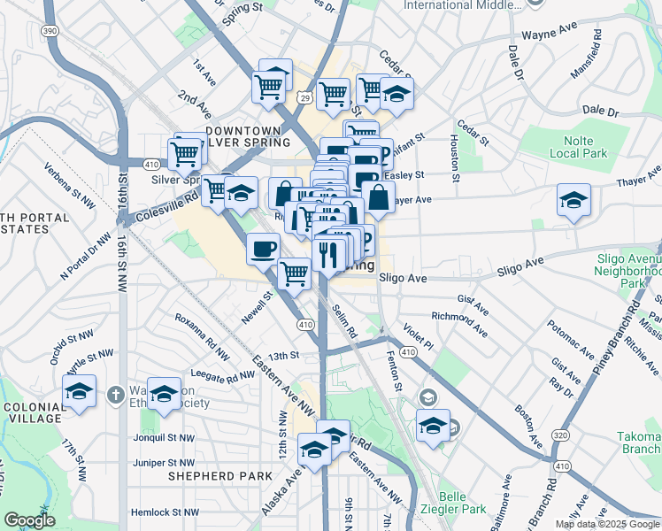 map of restaurants, bars, coffee shops, grocery stores, and more near 8101 Georgia Avenue in Silver Spring
