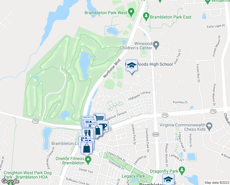 map of restaurants, bars, coffee shops, grocery stores, and more near Gray Falcon Square in Brambleton