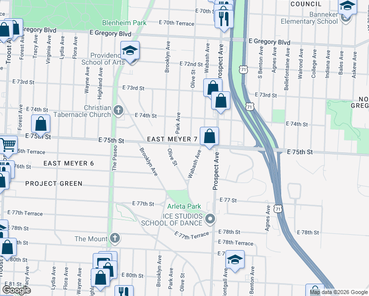 map of restaurants, bars, coffee shops, grocery stores, and more near 2429 East 75th Street in Kansas City