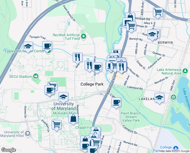 map of restaurants, bars, coffee shops, grocery stores, and more near 8223 Paint Branch Drive in College Park