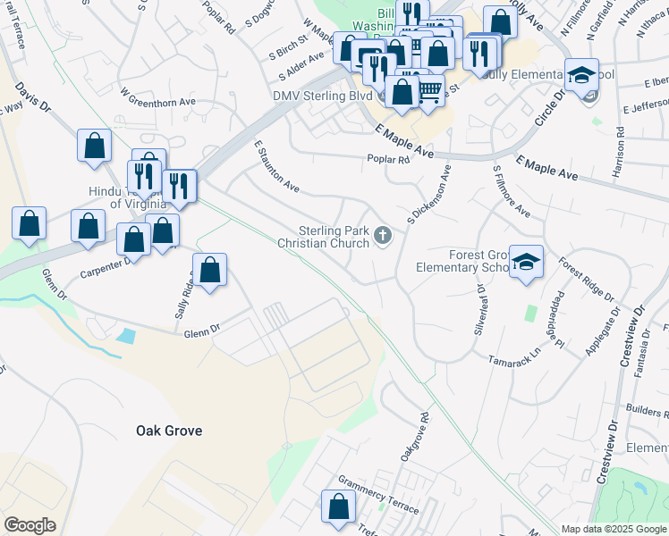 map of restaurants, bars, coffee shops, grocery stores, and more near 498 Williamsburg Road in Sterling