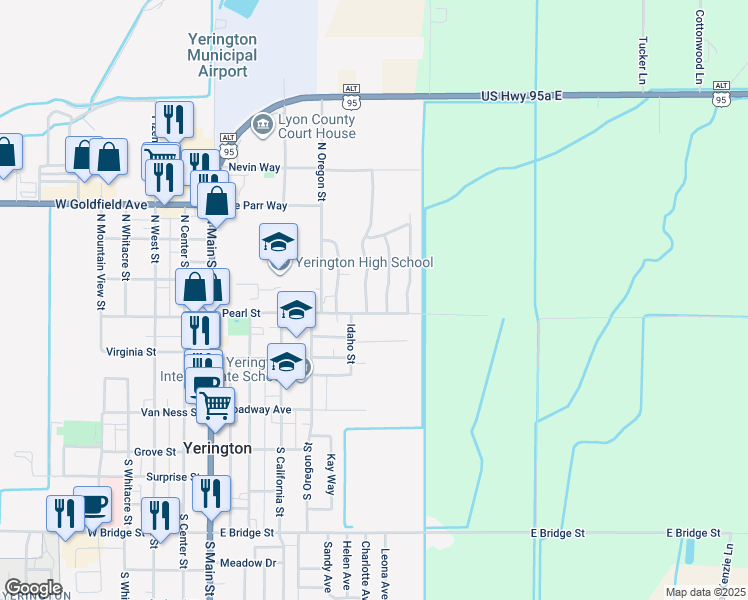 map of restaurants, bars, coffee shops, grocery stores, and more near 200 Purple Sage Drive in Yerington