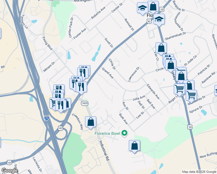 map of restaurants, bars, coffee shops, grocery stores, and more near 24 Woodland Avenue in Florence