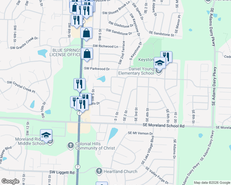 map of restaurants, bars, coffee shops, grocery stores, and more near 2716 Southwest Shamrock Drive in Blue Springs