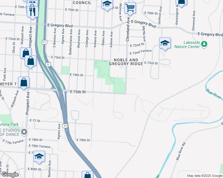 map of restaurants, bars, coffee shops, grocery stores, and more near 7439 Askew Avenue in Kansas City