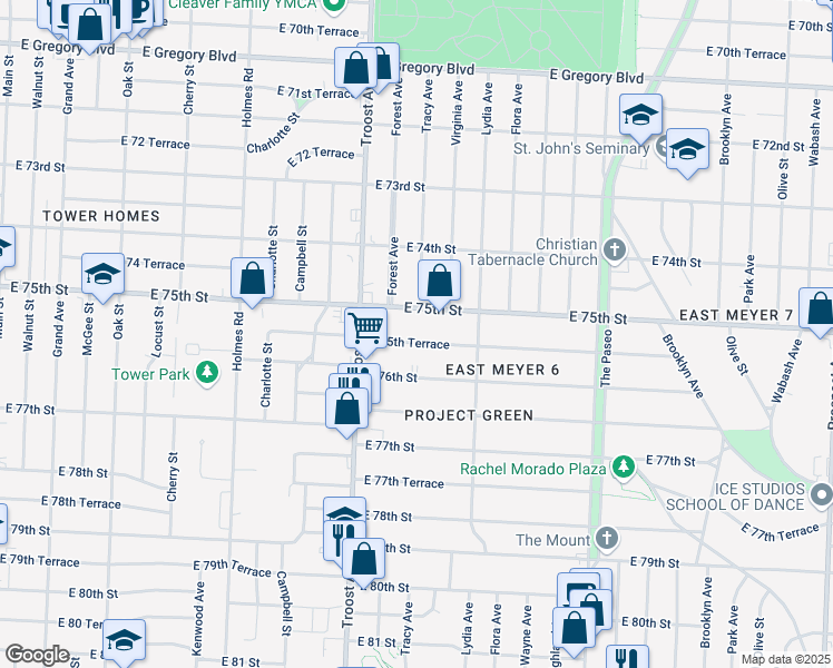 map of restaurants, bars, coffee shops, grocery stores, and more near 1223 East 75th Street in Kansas City