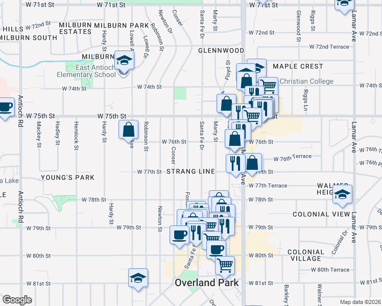 map of restaurants, bars, coffee shops, grocery stores, and more near 7604 Foster Street in Overland Park