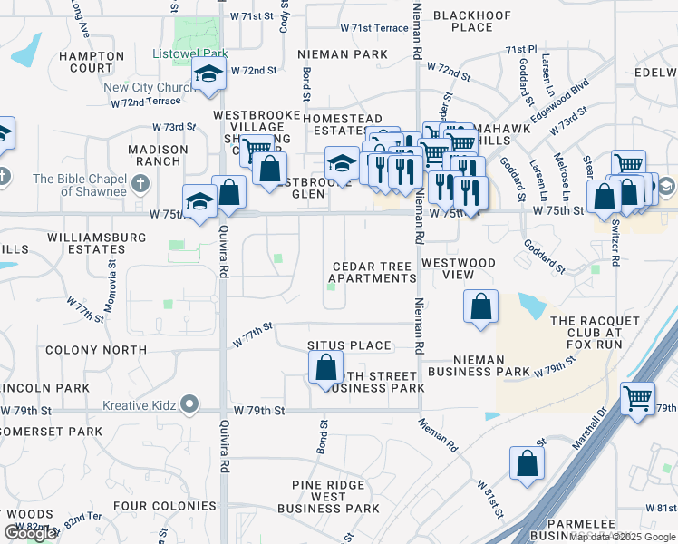 map of restaurants, bars, coffee shops, grocery stores, and more near 7612 King Street in Shawnee