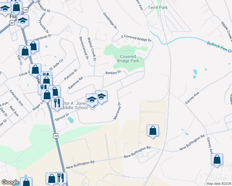 map of restaurants, bars, coffee shops, grocery stores, and more near 375 Merravay Drive in Florence
