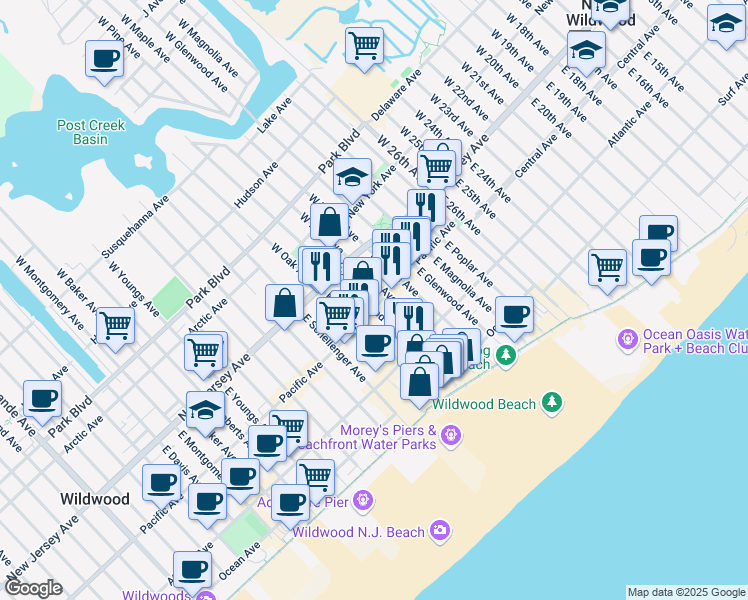 map of restaurants, bars, coffee shops, grocery stores, and more near 3200 Pacific Avenue in Wildwood