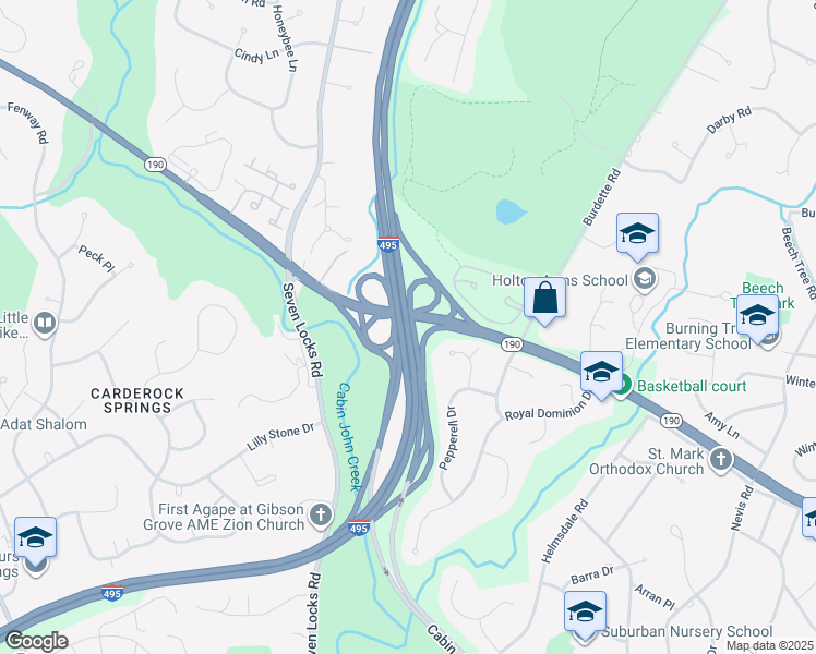 map of restaurants, bars, coffee shops, grocery stores, and more near Capital Beltway Inner Loop in Bethesda