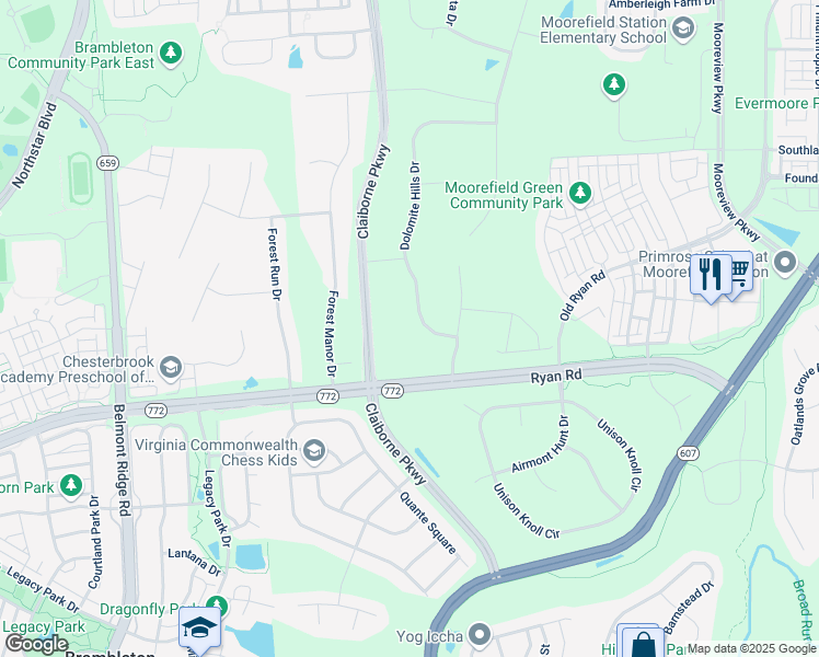 map of restaurants, bars, coffee shops, grocery stores, and more near 22411 Dolomite Hills Drive in Ashburn