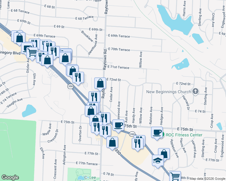 map of restaurants, bars, coffee shops, grocery stores, and more near 7212 Maywood Avenue in Raytown