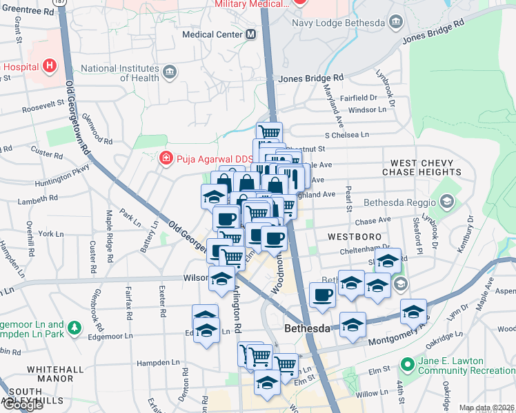 map of restaurants, bars, coffee shops, grocery stores, and more near 4835 Cordell Avenue in Bethesda