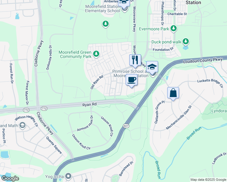 map of restaurants, bars, coffee shops, grocery stores, and more near 22599 Willington Square in Ashburn