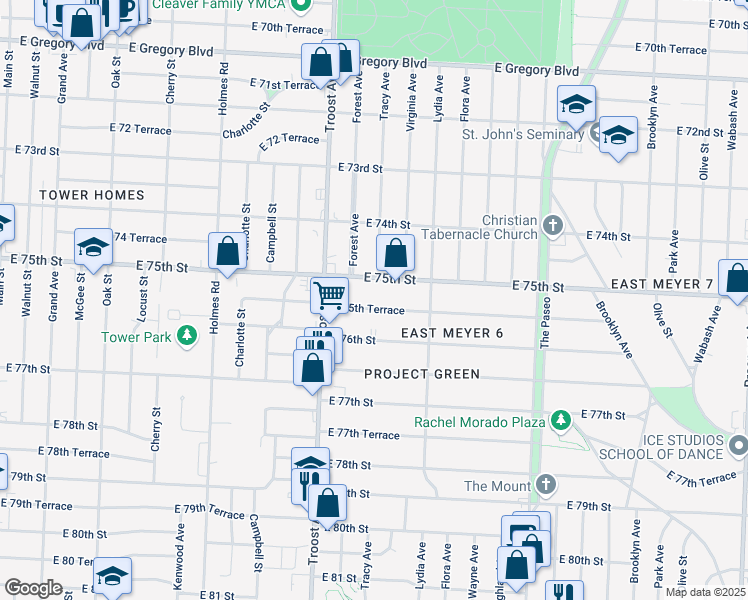 map of restaurants, bars, coffee shops, grocery stores, and more near 1223 East 75th Street in Kansas City