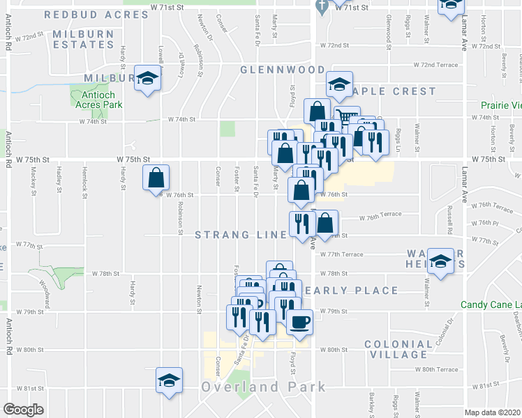 map of restaurants, bars, coffee shops, grocery stores, and more near 7615 Santa Fe Drive in Overland Park
