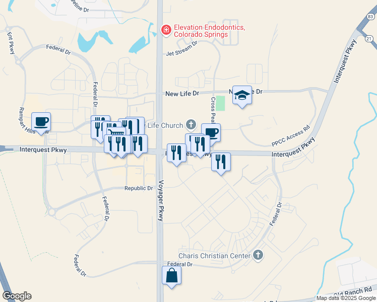 map of restaurants, bars, coffee shops, grocery stores, and more near Interquest Parkway in Colorado Springs