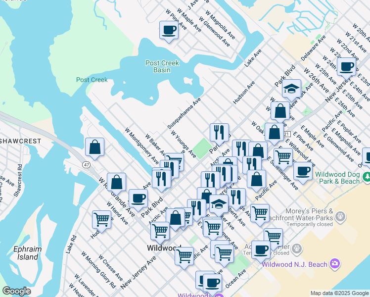 map of restaurants, bars, coffee shops, grocery stores, and more near 404 West Youngs Avenue in Wildwood