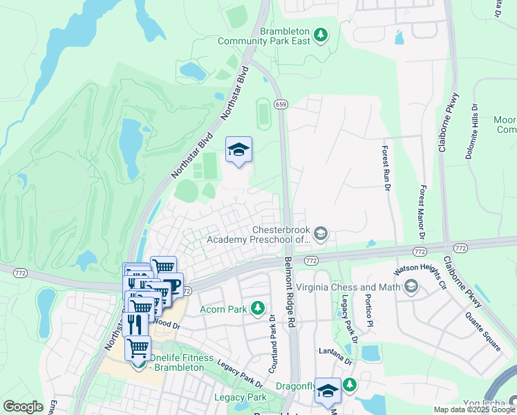 map of restaurants, bars, coffee shops, grocery stores, and more near 42612 Highgate Terrace in Brambleton
