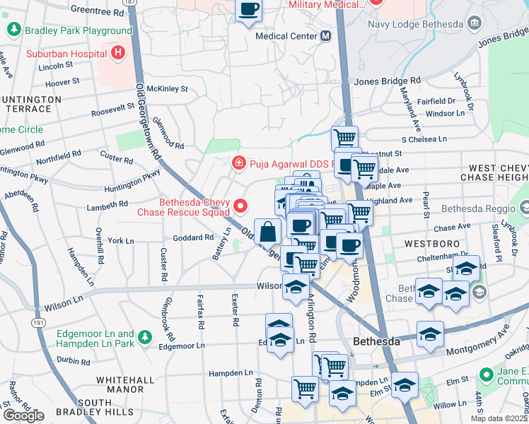 map of restaurants, bars, coffee shops, grocery stores, and more near 5011 Rugby Avenue in Bethesda